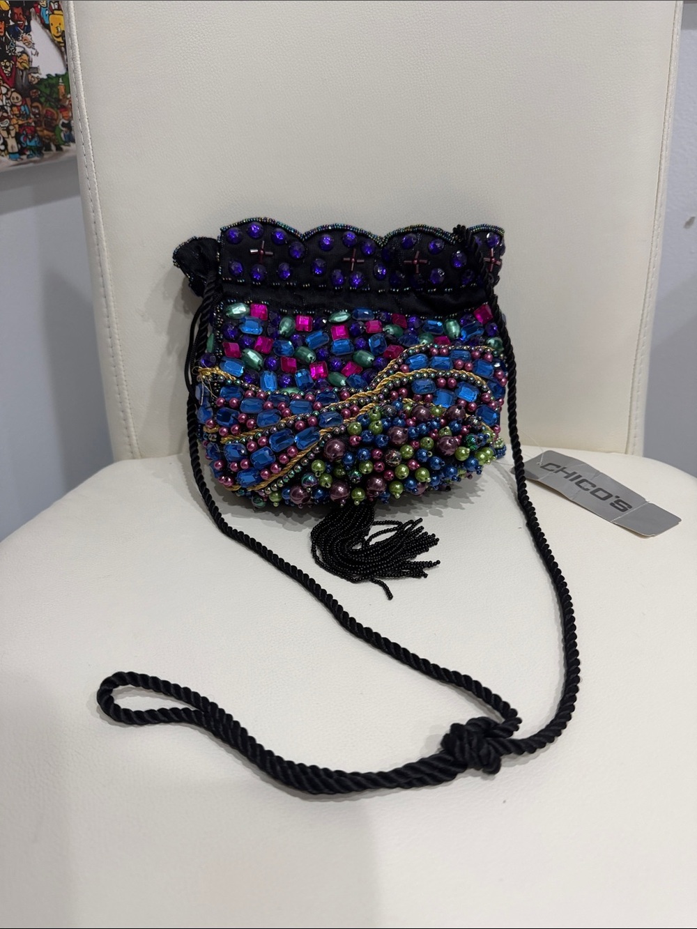 Vintage Chico's  Beaded Black Multicolor Iridescent Drawstring Crossbody Bag